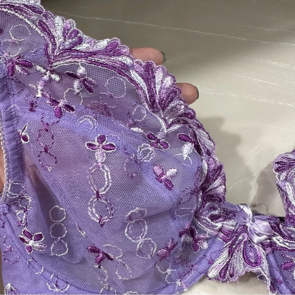 VTG Fredericks of Hollywood Purple Floral Mesh Bra Bralette - Picture 2 of 5